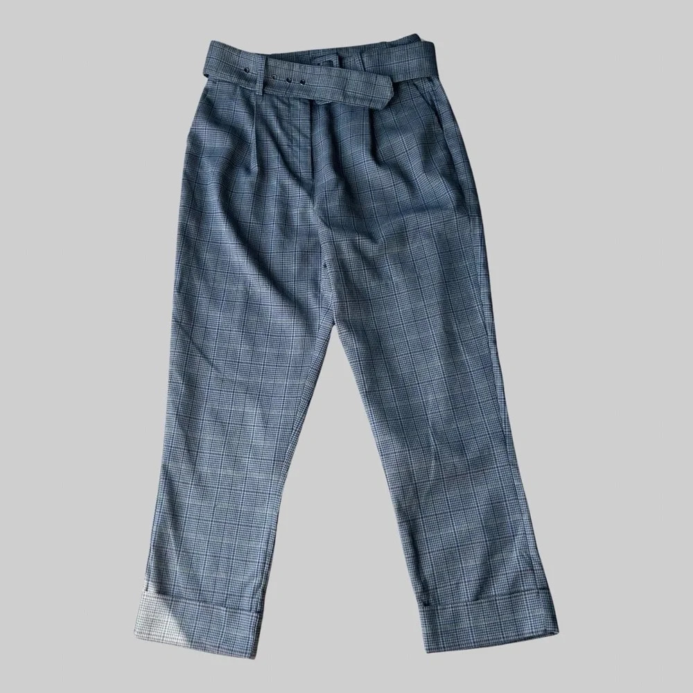 Frank And Oak Checked Pleated High Waist Cuffed Pants With Belt